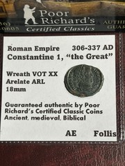 Hi-Grade Constantine “The Great” 306-337 AE 18mm Wreath Vot XX/Arelate COA CB109
