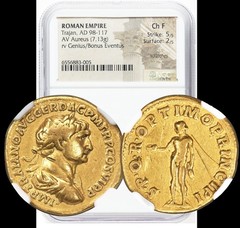Trajan AV Aureus Gold (7.13g), AD 113–114 NGC Ch F (5/5, 2/5) Genius / Bonus