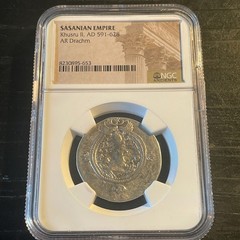 SASANIAN EMPIRE Khusru II, AD 591-628 AR Drachm NGC ANCIENTS Silver coin