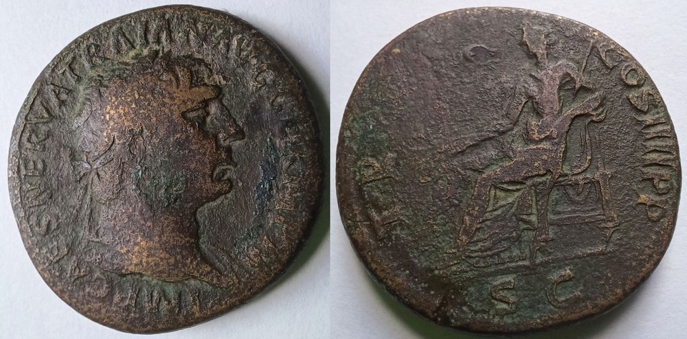 Trajan AD 101-102 Roman Sestertius Pax Seated RIC 432 Ancient Bronze Coin