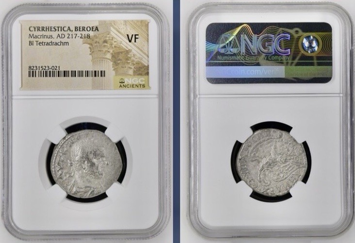 Beautiful Emperor Macrinus Tetradrachm 217-218AD Roman Coin NGC Graded VF Scarce