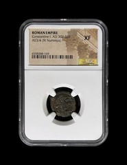 ROME. 330, Æ3/4 Nummus – NGC XF – Constantine I, GLORIA EXERCITVS, Cyzicus, Dot