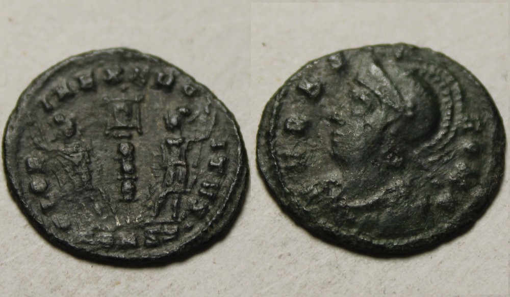 Constantine I Rare ancient Roman coin VRBS ROMA soldiers standard Constantinople