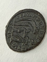 Constans Ancient Roman coin AD 348 Bust & Sphere/Soldier Spear Barbarian Hut