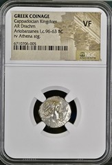 Ancient Cappadocia 96BC-63BC Silver Drachm Coin NGC Graded VF Ariobarzanes I
