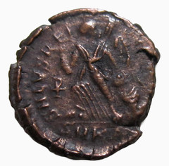 AE 4. VALENTINIAN II, 375-392 AD. CYZICUS MINT. VICTORY, CAPTIVE AND CHI-RHO REV
