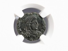 Gratian Western Roman Empire 367-383 NGC AU Nummus AE3 Captive Soldier Chi Rho