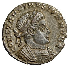 Constantine II as Caesar “GLORIA EXERCITVS Soldiers” Lyons Rare Extremely Fine