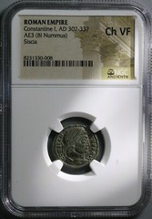 328 NGC Ch VF Constantine I Nummus AE3 Roman Empire Campgate Siscia (25060805C)
