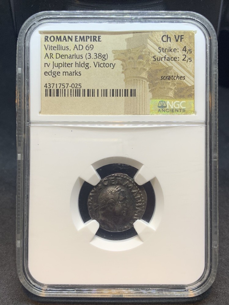 Roman Empire Vitellius AD69 Silver Denarius NGC CHVF Fine Style Twelve Caesar’s