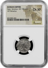 Roman Empire AR denarius 193-211 Septimius Severus, Riding Lion NGC CH XF