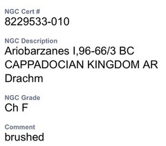 Cappadocian Kingdom 96BC-63BC Ancient Drachm Coin NGC Graded Ariobarzanes I ChF