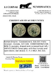 *Lucernae* Constantine II Follis VIRTVS AVGG S-F / ARLP Opengates Arles 327 AD