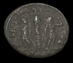 Ancient Roman Coin of the Constantinian dynasty ~ Two Soldiers w/ banner – J-3