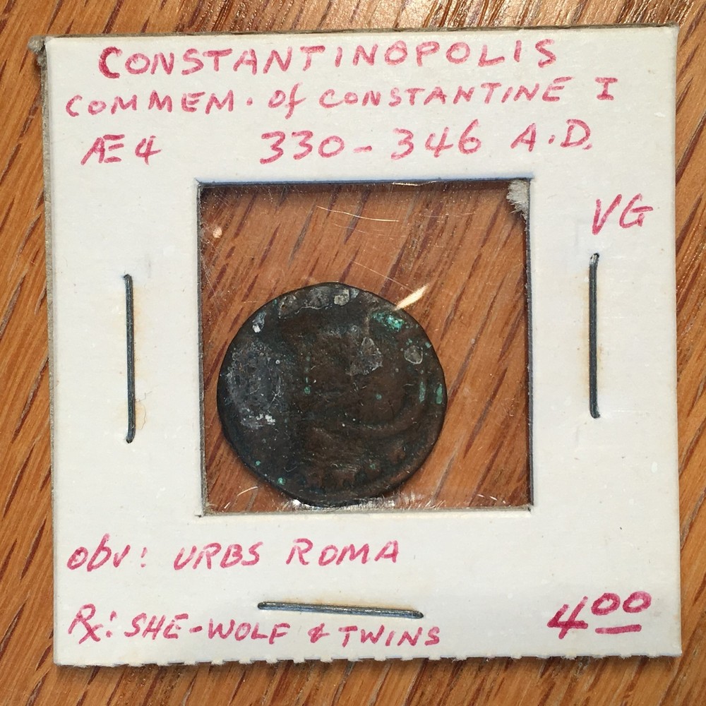 330-346 AD Constantinopolis AE 4 Commem of Constantine I She-wolf & Twins #F816