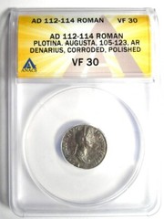 Plotina Augusta AR Denarius Silver Roman Coin 112 AD – Certified ANACS VF30