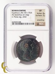 Roman Empire Faustina Jr. AD 147-175/6 AE Sestertius NGC VF Strike: 4/5 Sur: 2/5