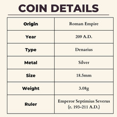 Septimius Severus Denarius 209AD Neptune God of the Sea Ancient Rome Silver Coin