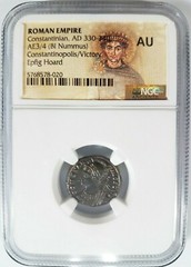 Constantinian Roman Empire BI Nummus AE3/4 NGC AU Ancient Epfig Hoard Victory