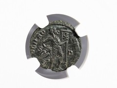 Gratian Western Roman Empire 367-383 NGC AU Nummus AE3 Captive Soldier Chi Rho