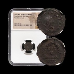 ROME. 378, Æ4 Nummus – NGC Cert – Arcadius, VOT V, Antioch, Δ