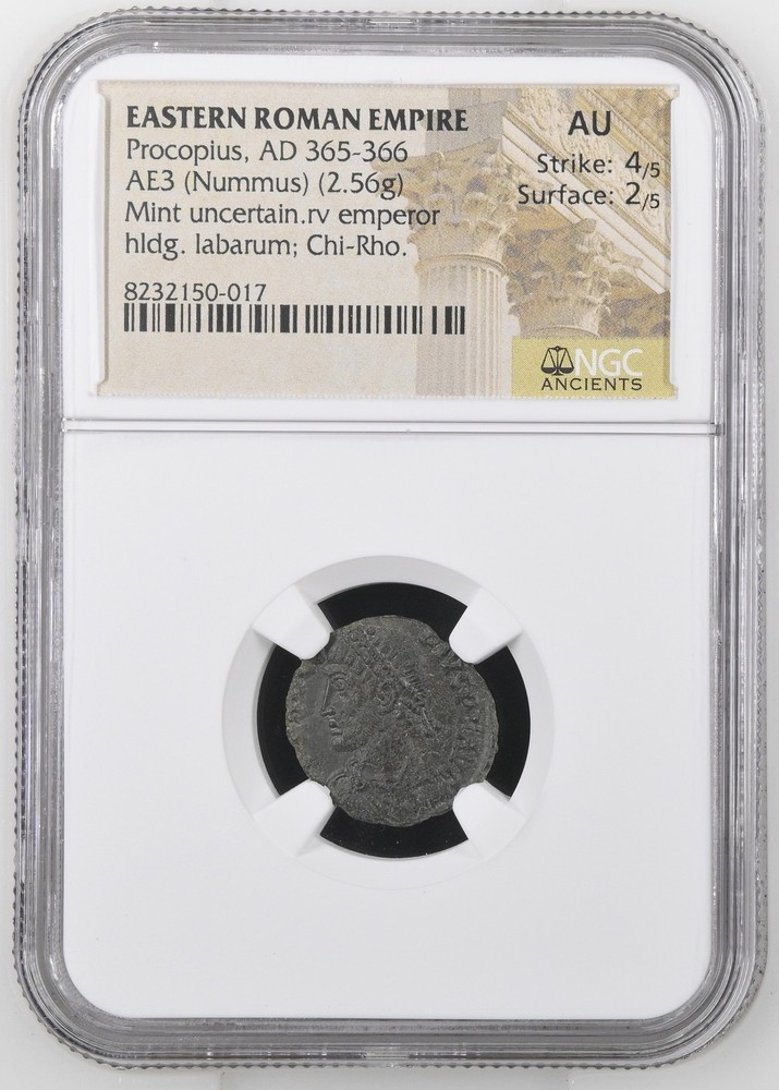 E. Roman Empire AD 365-366 AE3 (Nummus) Procopius NGC Ancients AU Mint uncertain