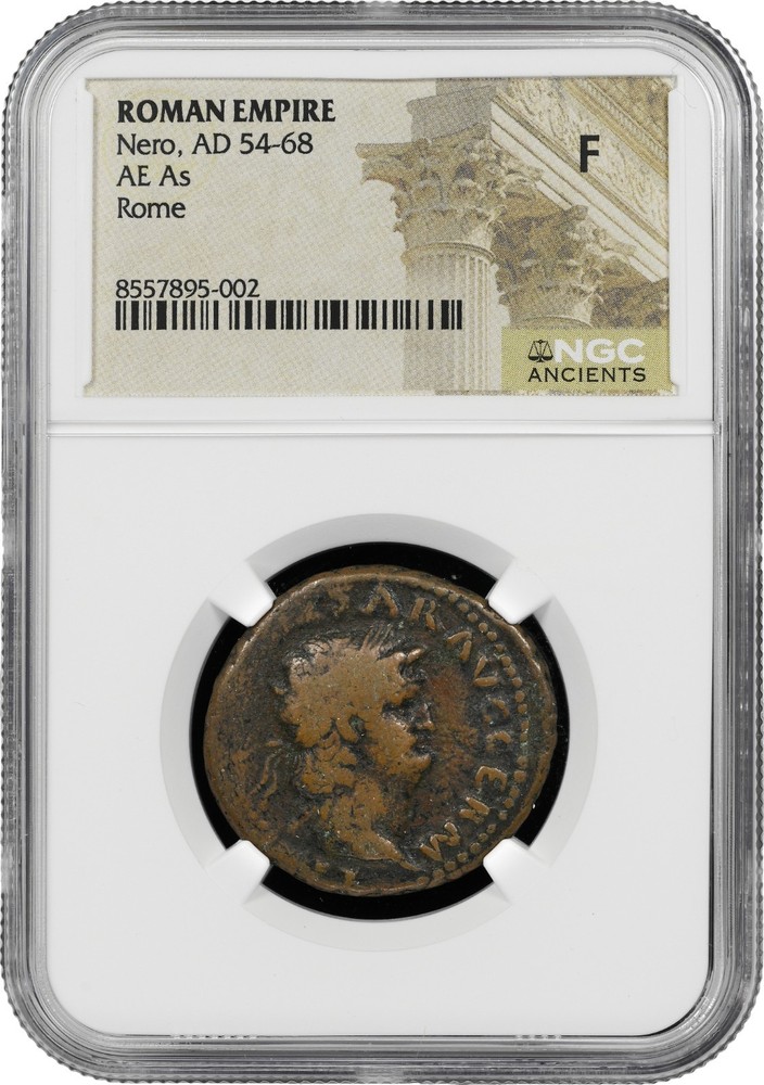 Nero AE As Temple Janus Roman Empire Bronze Coin 54-68 AD NGC Fine Nice Bust