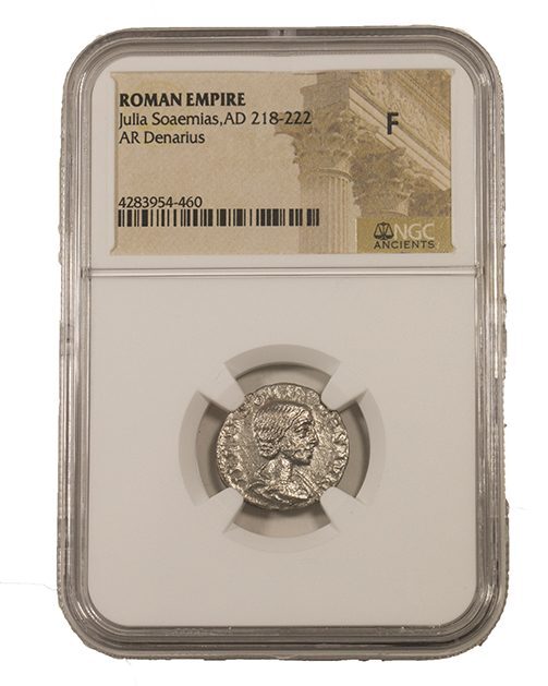 Rare Julia Soaemias Antoninianus – NGC Certified Slab (F) – Ancient Roman Coin
