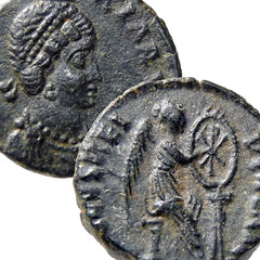 AELIA EUDOXIA m. Arcadius Coin VICTORY inscribing Christogram CHI-RHO on Shield