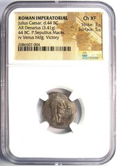 Julius Caesar AR Denarius (P. Sepullius Macer) Coin 44 BC – NGC Choice XF (EF)