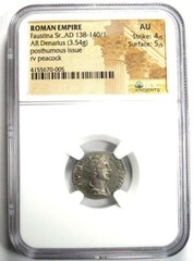 Faustina Senior AR Denarius Silver Peacock Coin 138-40 AD – NGC AU – 5/5 Surface