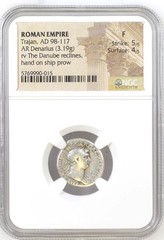 Trajan “Danubius” Silver Denarius – Rome Mint, AD 107–108 | NGC F, 5/5, 4/5