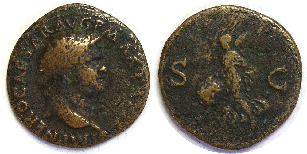 54-68 AD Roman Nero Victory Flying (66 AD) Lyon Mint AE As Bronze