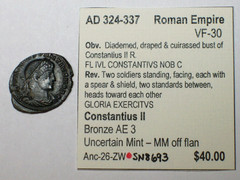 AD 324-337 Roman Empire Constantius II Bronze AE 3 VF+ SN8693