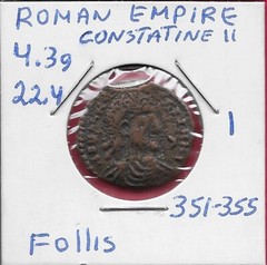 ROMAN EMPIRE,FOLLIS 351-355 CONSTATINE II(337-361)SOLDIER SPEARING FALLEN HORSEM