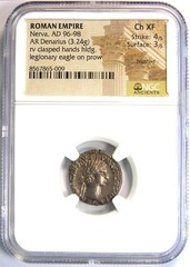 Nerva AR Denarius Silver Roman Coin 96 AD – Certified NGC Choice XF (EF) – Rare