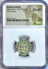 235-238 AD Maximinus I Ancient Roman Silver Denarius Coin NGC Choice XF