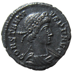 CONSTANTIUS II, 337-361 AD. AE FOLLIS. TRIER MINT. TWO SOLDIERS REVERSE.