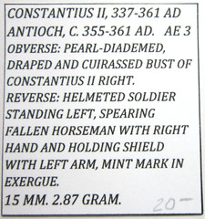 CONSTANTIUS II. 337-361 AD. AE 3. SOLDIER SPEARING HORSEMAN. ANTIOCH MINT.