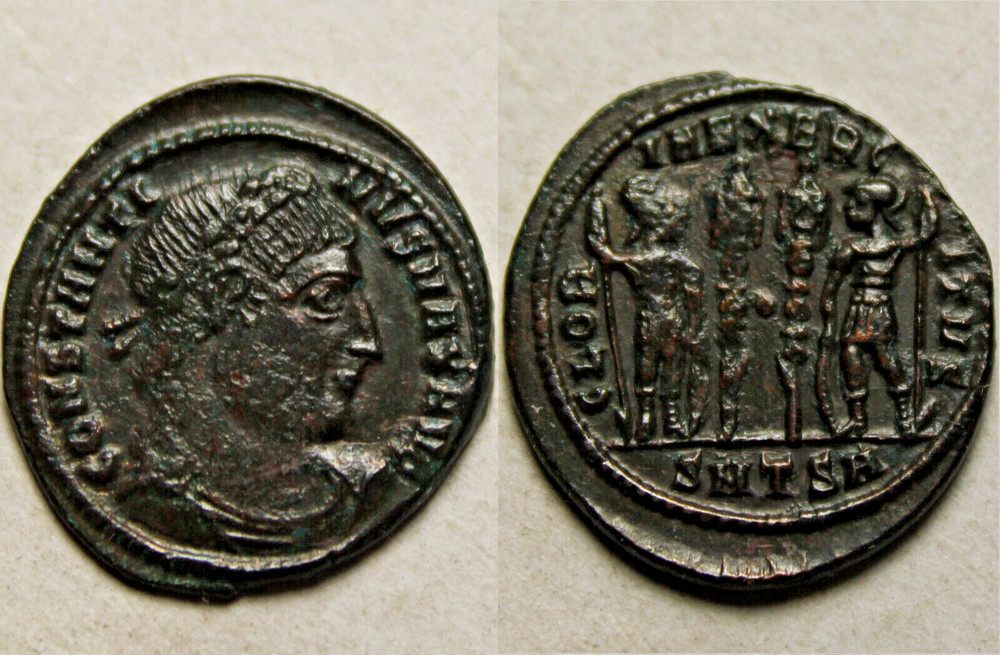 Constantine 335 Rare genuine ancient Roman coin Legion Soldiers spears standards