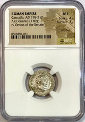 198-217 AD Caracalla & Genius Ancient Roman Silver Denarius Coin NGC AU