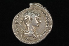 Roman Coin Trajan AR Denarius Fortuna Rudder FORT RED in exergue Rome 116 AD.