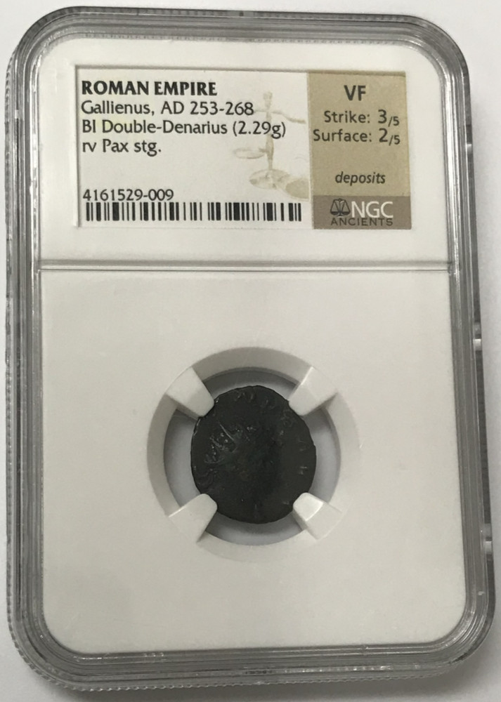 253-268 Roman Empire Gallienus BI Double-Denarius Pax Standing – NGC VF