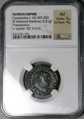 312 NGC AU Constantine I Nummus AE3 Roman Empire Jupiter Thessalonica 26041103C