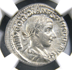 Roman Coin Gordian III/Salus Feeds Snake AD 240 AR Denarius NGC Extra Fine