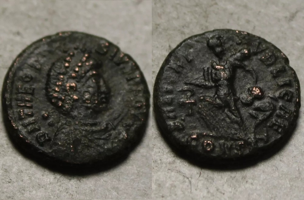 Rare original ancient Roman coin Theodosius AE4 Victory captive chi-rho 395AD