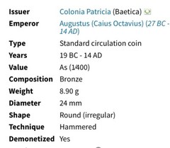 Emperor Octavian Augustus 19BC-14AD Ancient Roman Province of Colonia Patricia