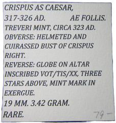 CRISPUS AS CAESAR, 317-326 AD. AE FOLLIS. TREVERI MINT. ALTAR REVERSE. RARE.