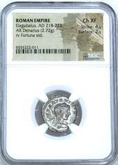 218-222 AD Roman Empire ELAGABALUS AR Denarius NGC CH XF Rev Fortuna PQ #MC27