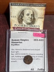 Scarce Roman Emperor Honorius “393-423” AE Follis/Nummus. 11mm Pictured. C360